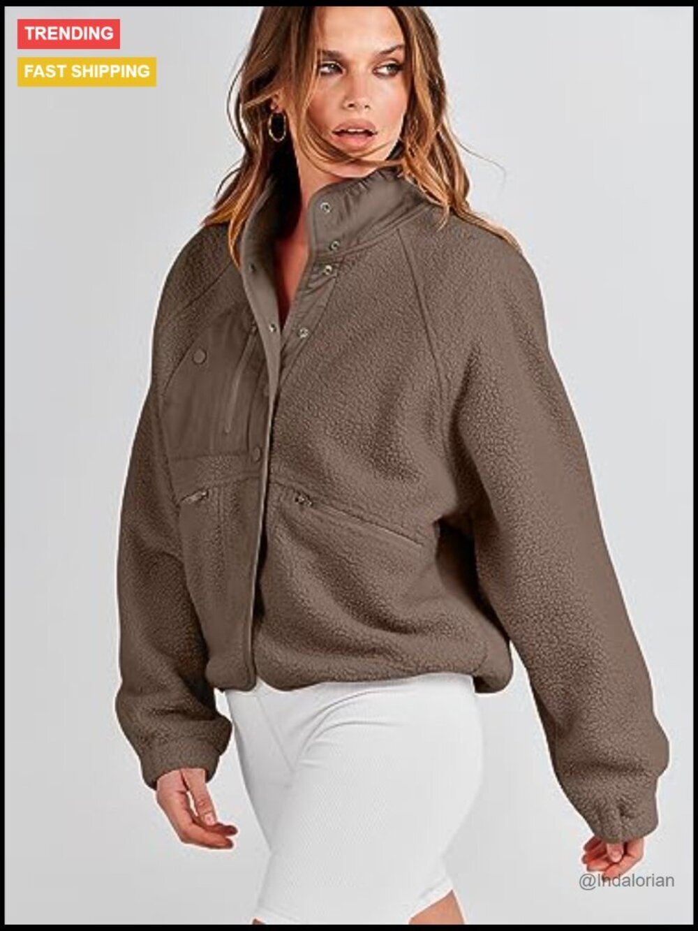 Fleece Jacket Long Sleeve Cropped Sherpa Button Down Shacket With Pockets - Picture 5 of 7